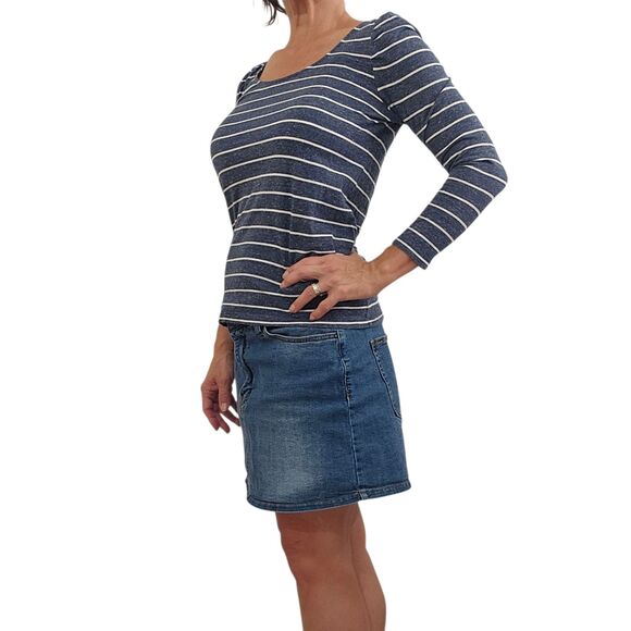 LOFT Blue Gray White Stripe Knit Nautical Stretch Top Size Womens XS / SMALL - Picture 4 of 6